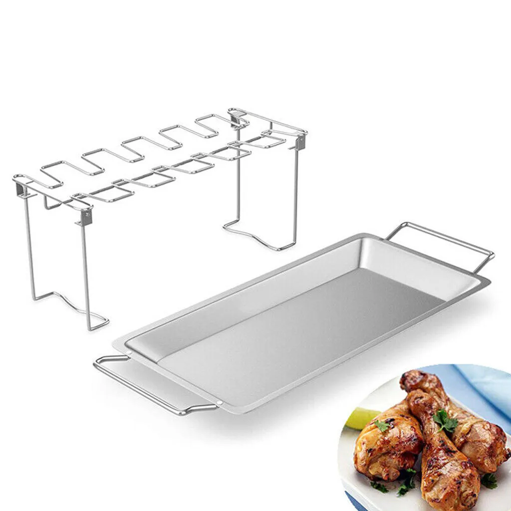 New BBQ Tool Barbecue Grill 1Set Stainless Steel Chicken Wing Leg Rack Grill Holder with Drip Pan for BBQ 38.5 x 16.5 x 15 cm#30