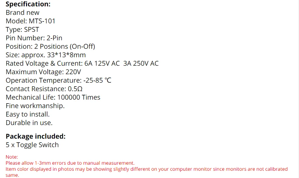 5 шт. MTS-101 2-контактный SPST переключатель ВКЛ-ВЫКЛ 2 Позиции 6A 250 В AC мини электрические тумблеры 6 мм монтажное отверстие