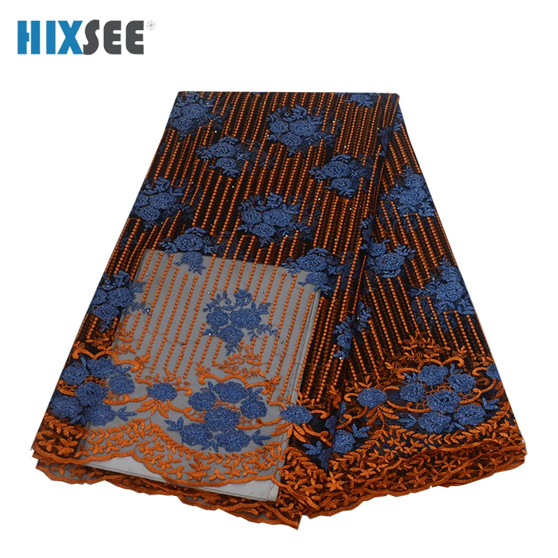 Новейшая оранжевая-синяя кружевная ткань высокого качества африканская и американская модная ткань с бисером каменная Сетка кружевная Ткань 5 ярдов - Цвет: Orange-Blue