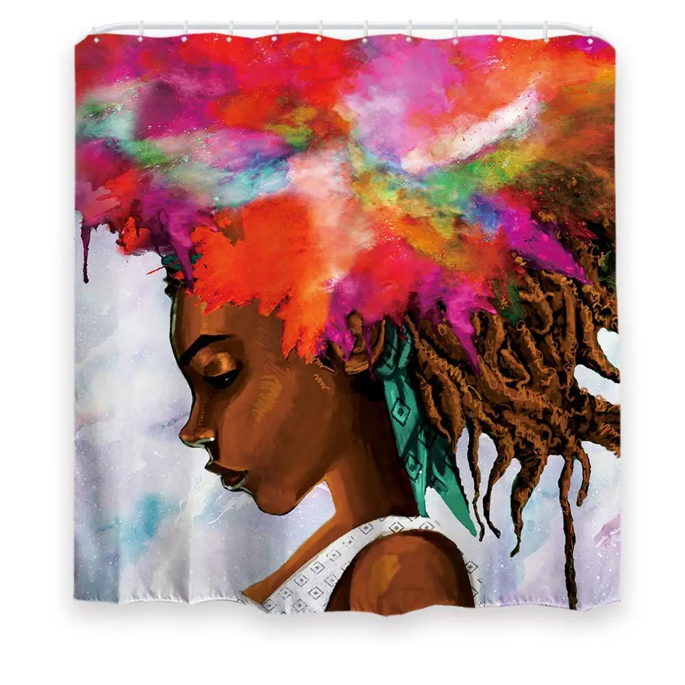 

African American Girl Shower Curtain Set for Bathroom with Hooks Afro Hippie Black Girl