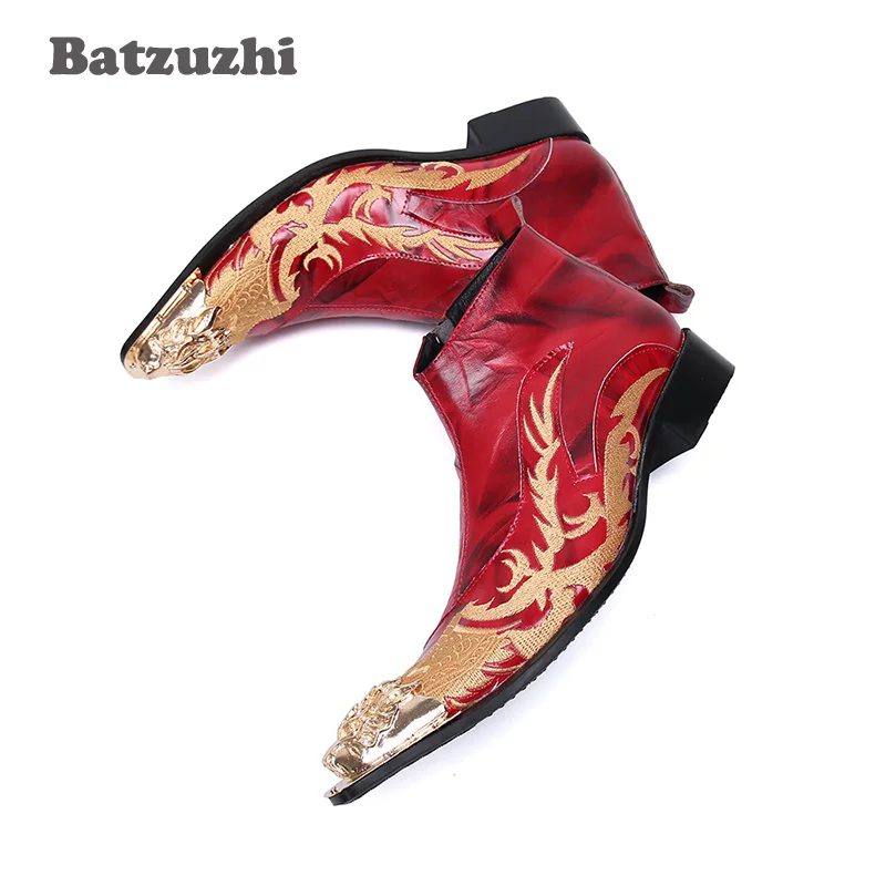 Batzuzhi Italian Style Men Shoes Boots Pointed Iron Toe Leather Ankle Boots Men Red Wedding and Party Shoes Boots Bota Masculina