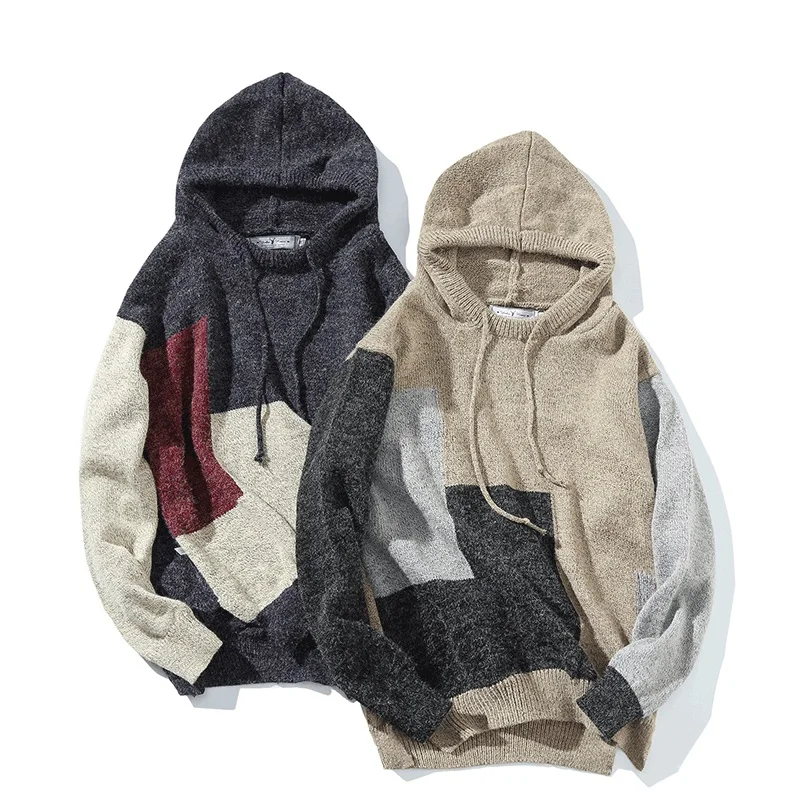 2019 New Autumn Western Street Stylish Pullovers Men's Color Patchwork Hooded Sweaters Kintted Casual Fashion Male Outerwear