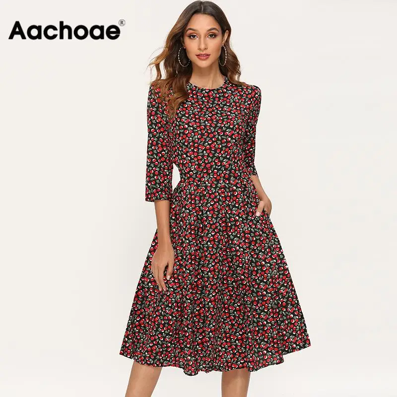 Aachoae Elegant Dresses Women 2020 Floral Print A Line Party Dress Autumn Three Quarter Sleeve O-neck Midi Dress Robe Femme Aachoae Elegant Dresses Women 2020 Floral Print A Line Party Dress Autumn Three Quarter Sleeve O-neck Midi Dress Robe Femme