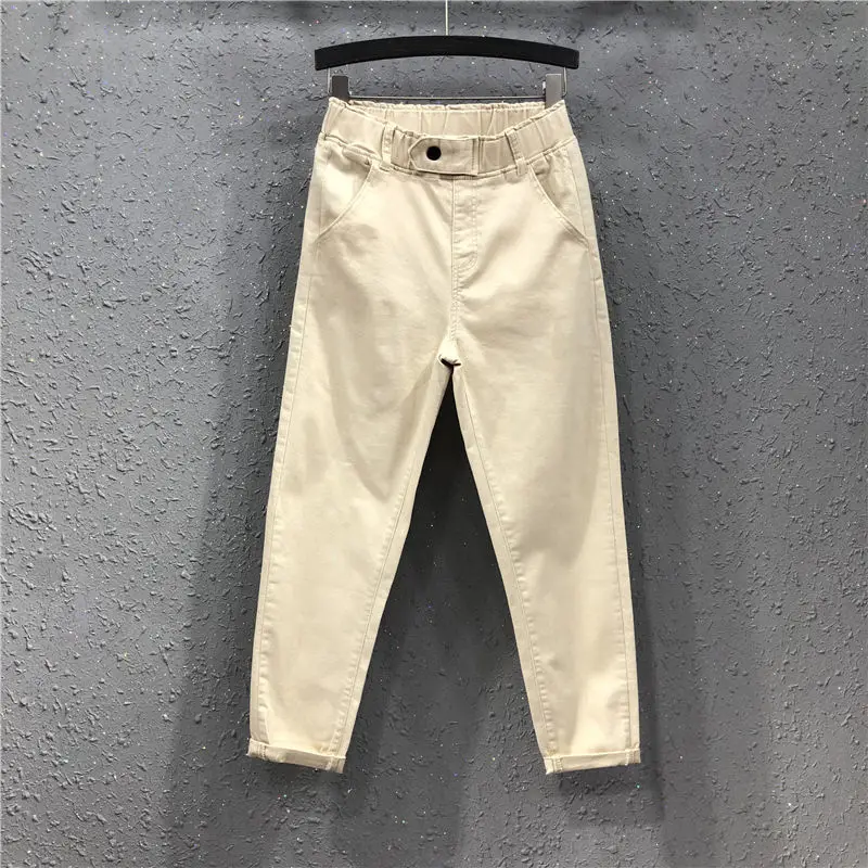 

XUXI Women 2019 Spring Summer Ankle-length Pants Plus Size Solid Cotton Denim Loose Pants White Black Elastic Waist Jeans FZ0036