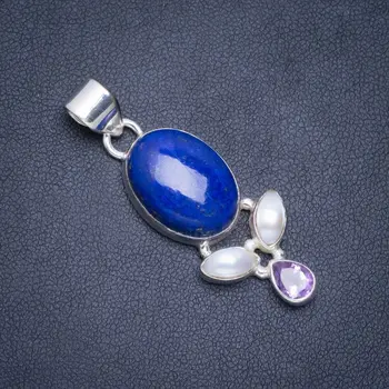 

Natural Lapis Lazuli,River Pearl and Amethyst Handmade Unique 925 Sterling Silver Pendant 1.75" A0447