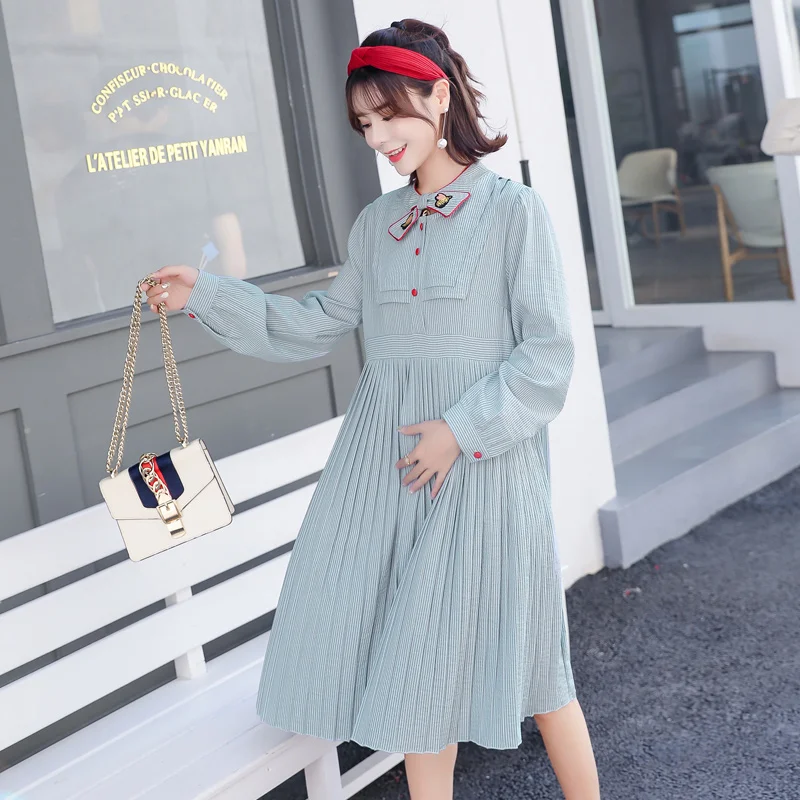 

6831# 2019 Autumn Korean Fashion Maternity Dress Sweet Clothes for Pregnant Women Loose Fall Spring Pleated Pregnancy Clothing