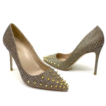 

High heels sexy women elegant heel rivet shoes quality thin heel point toe 12cm patent leather pumps meeting party shoes 2020