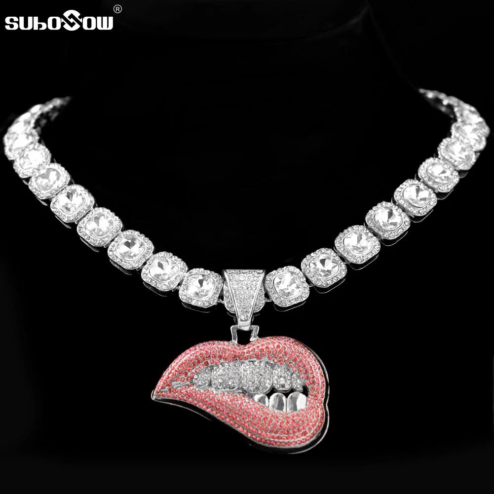 Iced Out Bling Hip Hop Bite Lip Shape Pendant Necklace Men Women Crystal Cuban CZ Stainless steel Chain Necklaces Trendy Jewelry | Украшения