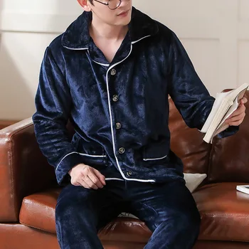 

JODIMITTY 2020 Spring Thick Warm Blue Flannel Pajama Sets for Men Long Sleeve Velvet Sleepwear Suit Loungewear Home Clothes