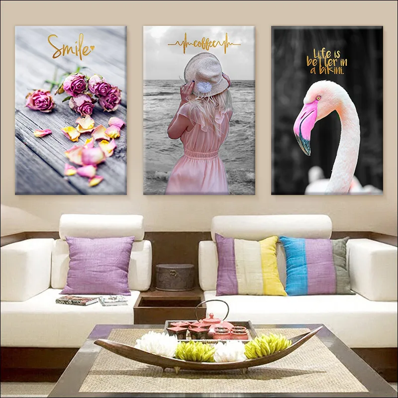 

painting porch modern poster canvas painting letter posters art paint bedroom mural Print Pink flowers Flamingos Wall paintin