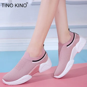 

TINO KINO Spring Women Stretch Sneakers Ladies Flat Slip on Platform Sneakers Women Black Breathable Mesh Vulcanized Shoes