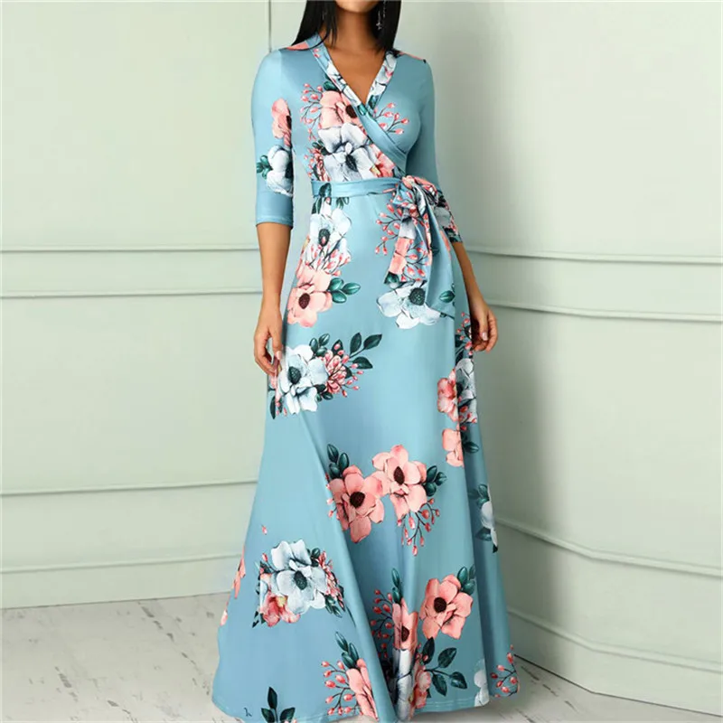 

2019 New Winter Autumn Dress Women V-neck Print Floral Party Dress Plus Size Women's Long Dress S-5XL