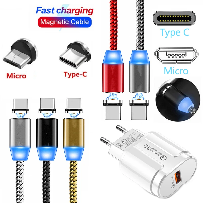 Магнитный USB светодиодный кабель Micro USB type C для зарядки samsung M10 M20 M30 M40 A10 A20 A30 A40 A50 A60 A70 быстрое зарядное устройство для телефона