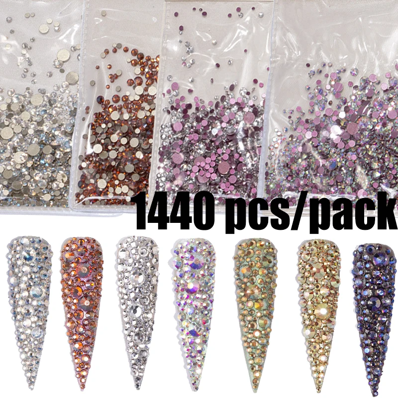 

1000/1440pcs Colorful Nail Art Rhinestones Crystal Gradient Nails Multi-size Flat Bottom Beads Manicure 3D Nail Art Decoration