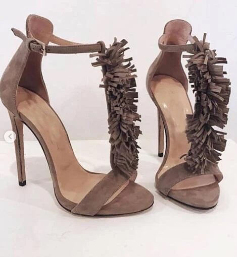 

Moraima Snc Suede Fringed T-strap High Heel Shoes Sexy Open Toe Thin Heels Woman Sandal Super High Party Dress Shoe