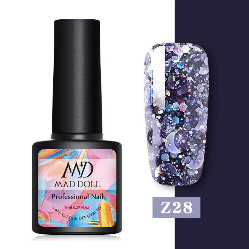 Z28 MAD DOLL, 1 бутылка, 8 мл, Цветной Гель-лак для ногтей, мерцающие частицы, Блестящие Блестки, долговечный гель для ногтей - Цвет: Z28