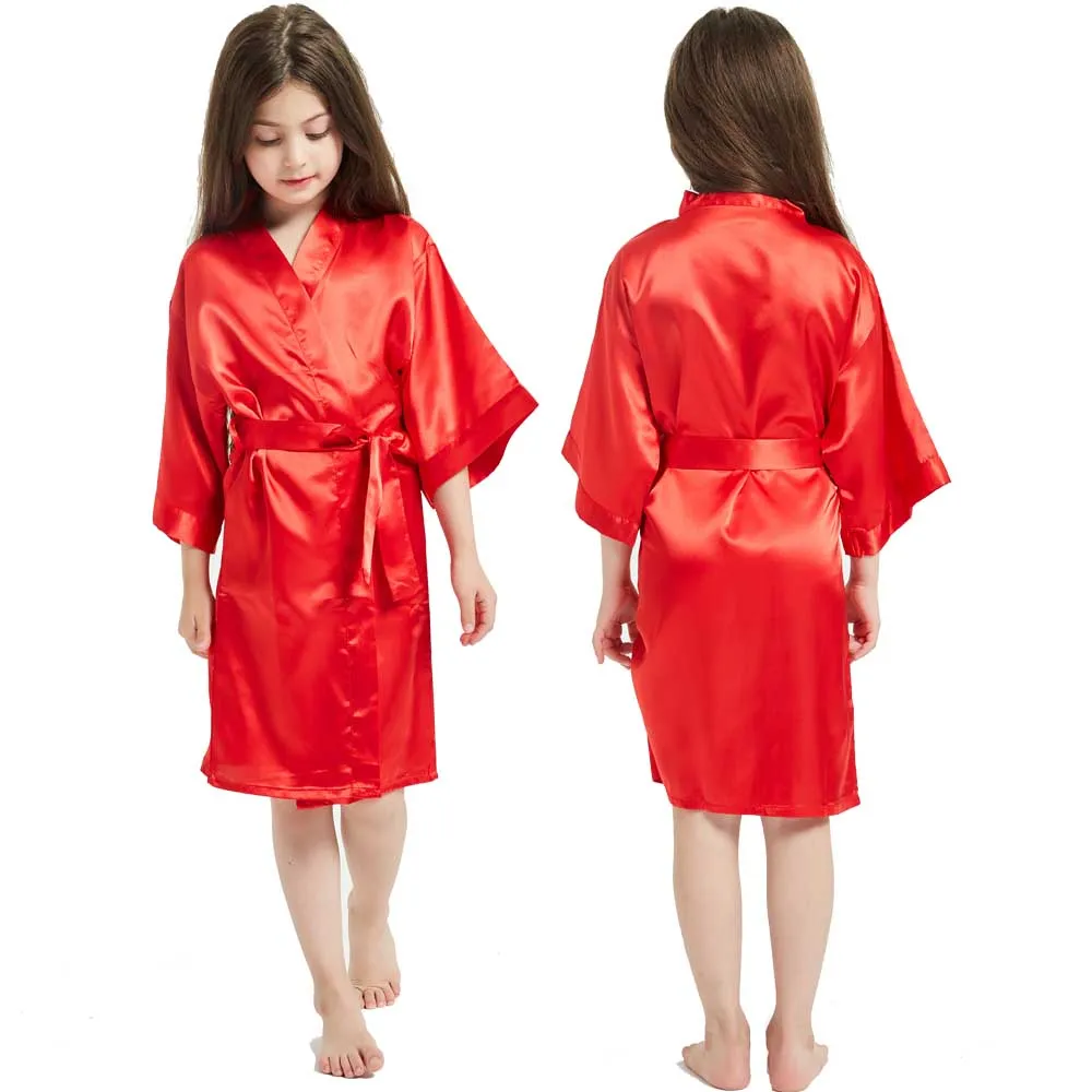 3-13 Years Satin Silk Children's Bathrobe Girl Kimono Bath Robes Summer Girls Pajamas Pink White Towel Robe Birthday Spa Wedding best pajama set	