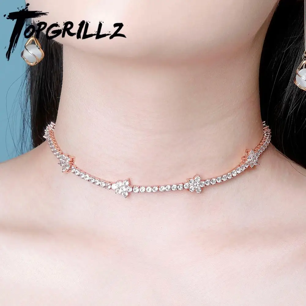 TOPGRILLZ 5MM Tennis Chain Flower Choker Chain Necklace Iced Out Cubic zirconia Bling Hip Hop Charm Jewelry Gift For Women