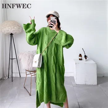 

2019 Autumn New Pattern Round Collar Long Sleeve Solid Colors Knitting Pullovers Vintage Dress Women Fashion Tide Y253