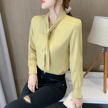 

COIGARSAM Full Sleeve Shirt Womens tops New Spring Chiffon Beading Belt Women shirts White Ginger 9580