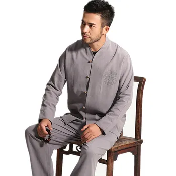 

High Quality Gray Chinese Men's Cotton Kung Fu Suit Solid Color Wu Shu Sets Shirt&Pant Uniform S M L XL XXL XXXL