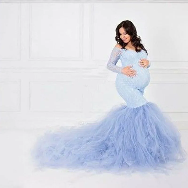 The Latest  Sexy Lace Shoulderless Pregnancy Dress Photography Long Sleeve Mesh Maternity Maxi Gowns For Photo  