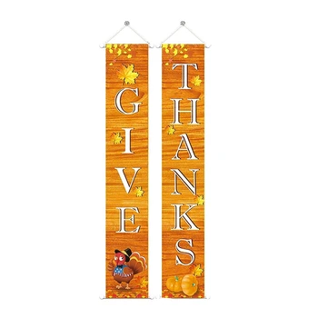 

2PCS GIVE THANKS Hanging Banner Porch Sign Autumn Pumpkin Maple Leaf Backdrop Flag Fall Indoor Outdoor Wall Door