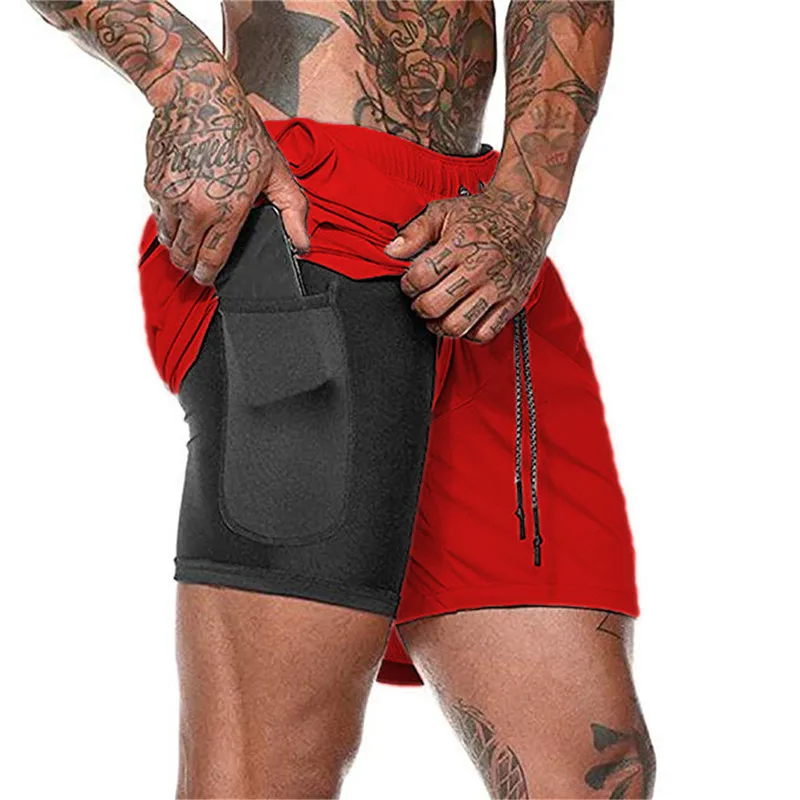 Men's Sport Running Beach Short Board Pants Swim Trunk Pants Quick Drying 2 in 1 Surfing Shorts double-deck Swimwear for Male - Цвет: Red