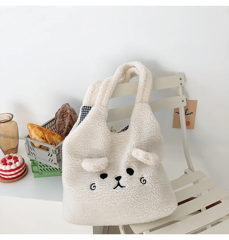 New Winter Soft Plush Tote Bag Women Cartoon Embroidery Imitation