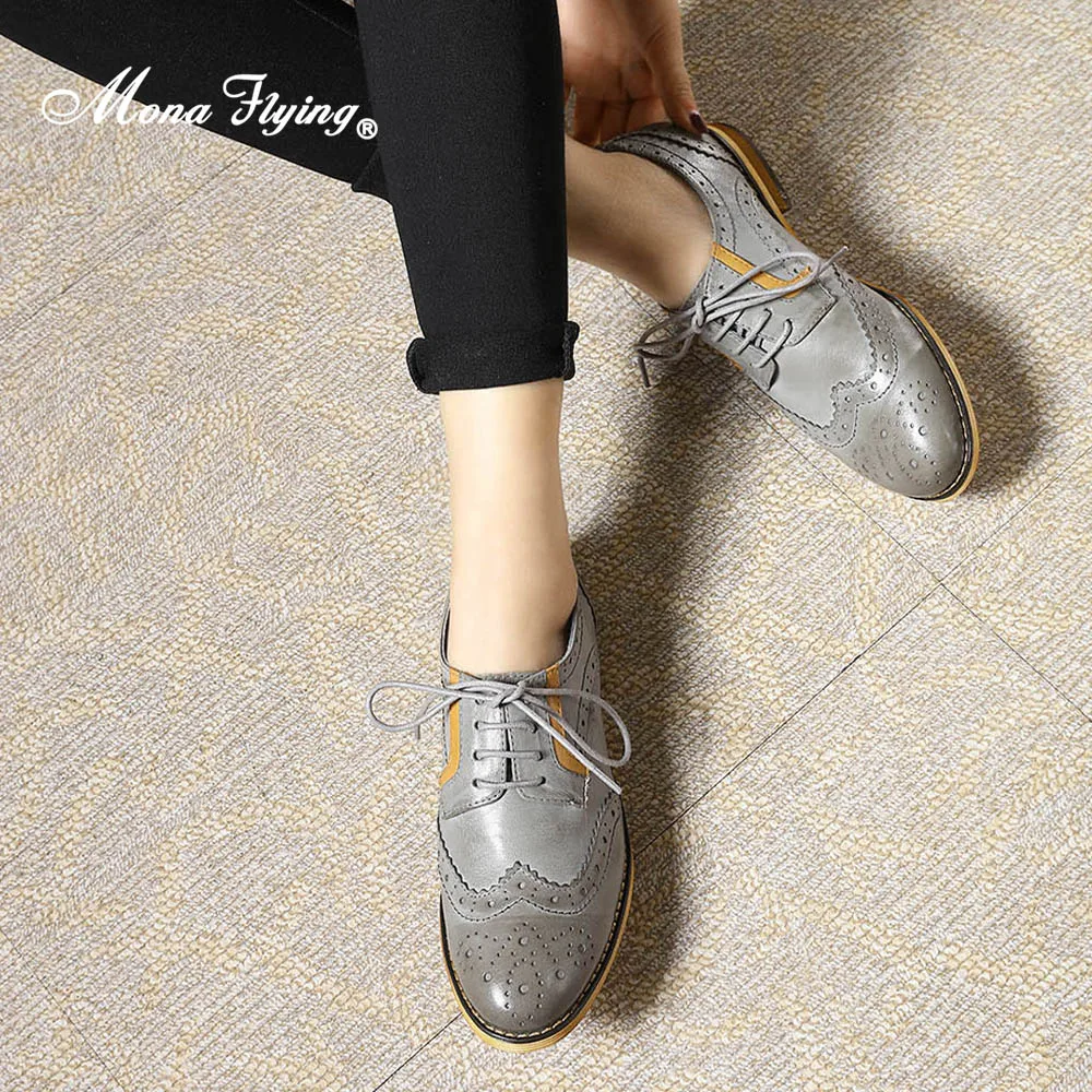 Mona Flying Women Premium Leather Wingtip Oxfords Brogue Comfort Hand-made Lace-up Shoes