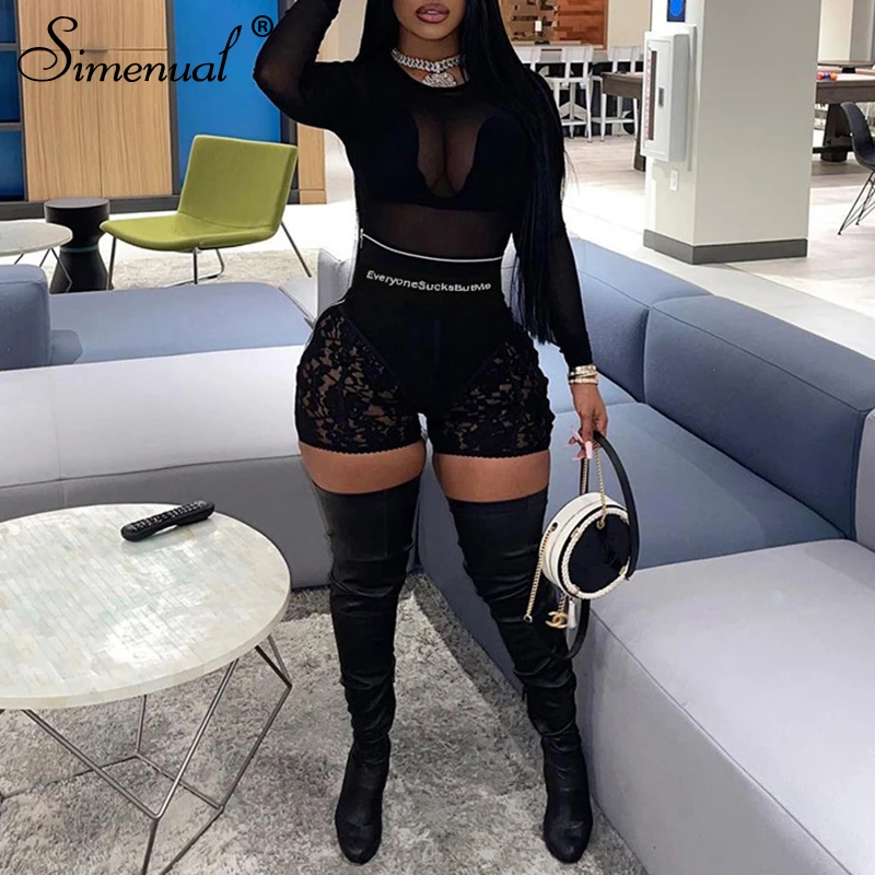Simenual High Waist Letter Print Skinny Lace Mini Shorts Zipper Sexy Summer 2021 Women Outfits One Piece Hollow Out Black Shorts 1