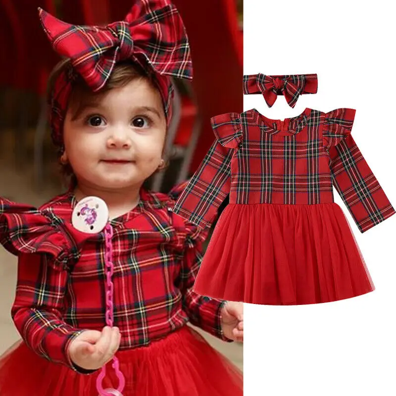 New Toddler Baby Girl Christmas Clothes Plaid Long Sleeve Tutu Dress+Headband Set