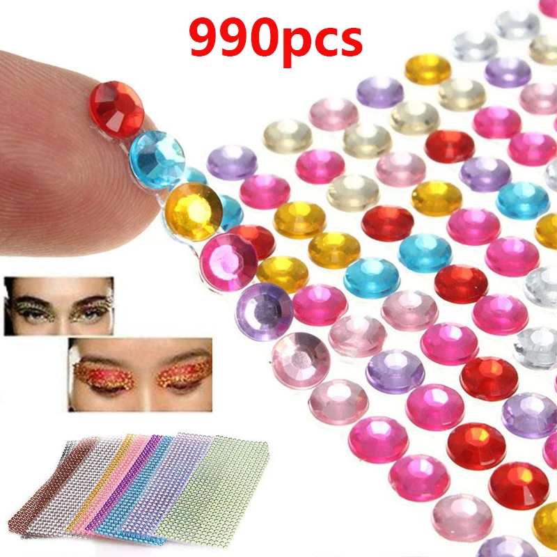 990PCS DIY Self Adhesive 6Color Rhinestone Stickers Decorative Convenient