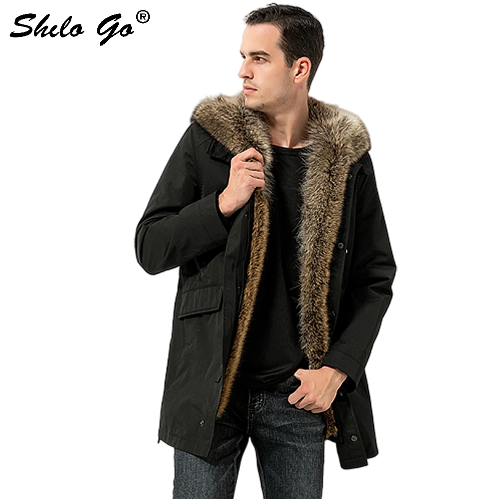 

Fur Parkas Highstreet Real Raccoon Fur Collar Plocket Hooded Rabbit Fur Lining Long Coat Men Winter Casual Thick Warm Outwear