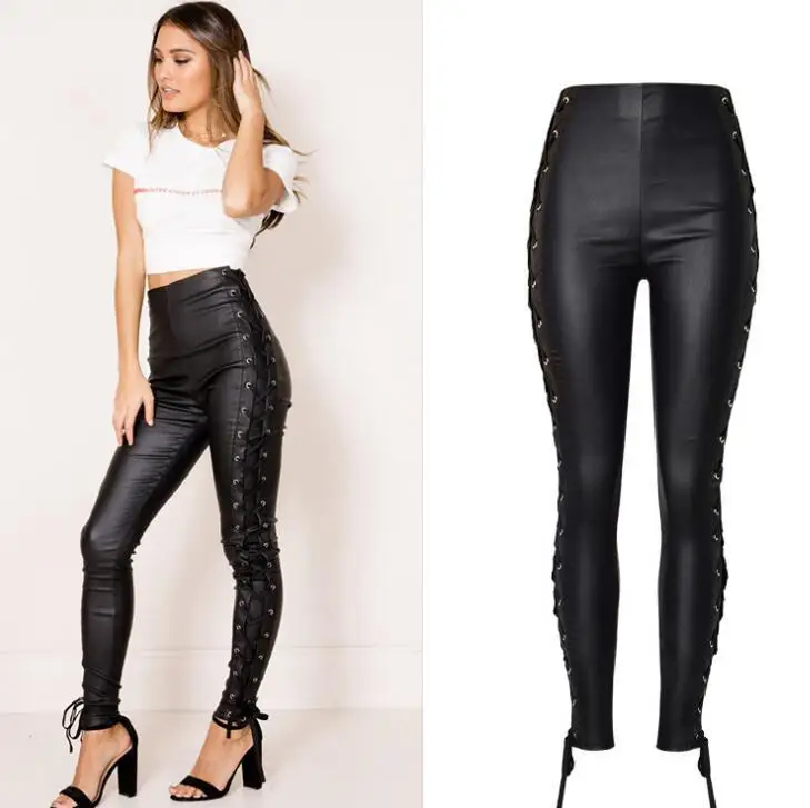 

Women PU Leather Pants High Waist Bandage Pants Stretch Faux Leather Long Trousers Sexy Vintage Gothic Pencil Pants Female