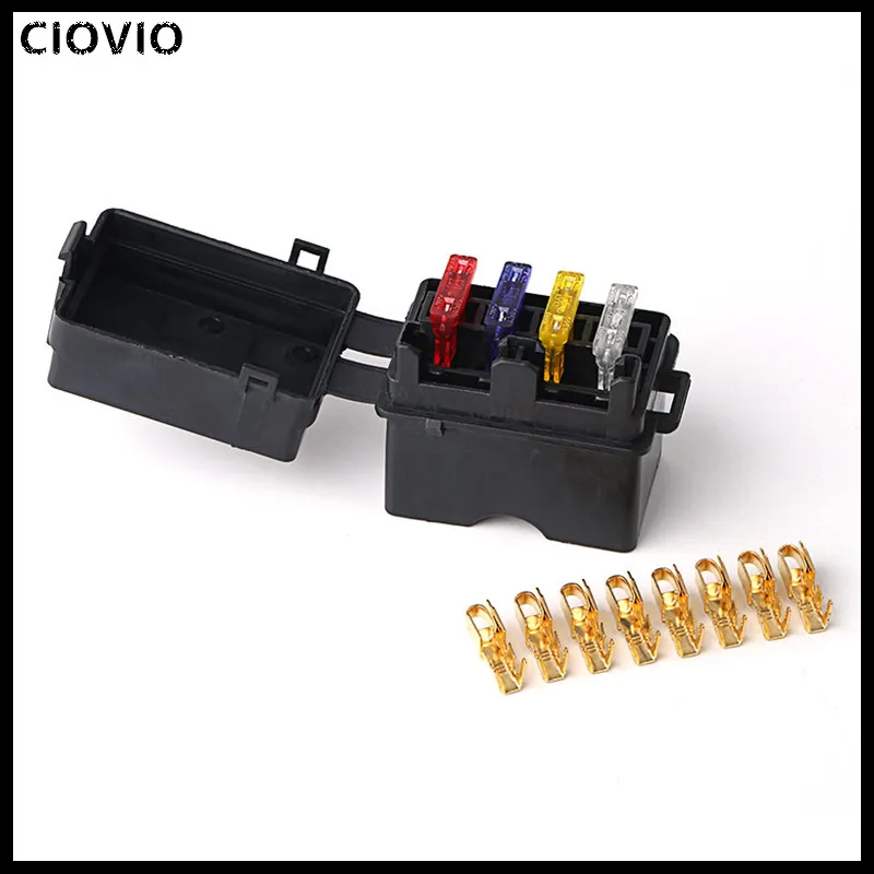 

CIOVIO 5 Sets 4 Way Black Car Medium Relay Fuse Box Assembly with 8pcs Terminals Car Insurance Holder