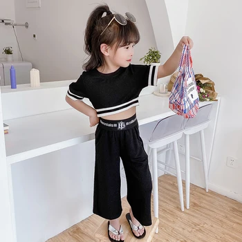 

2020 summer new girls' suit girls' net red Casual Short T-shirt wide leg pants two piece set