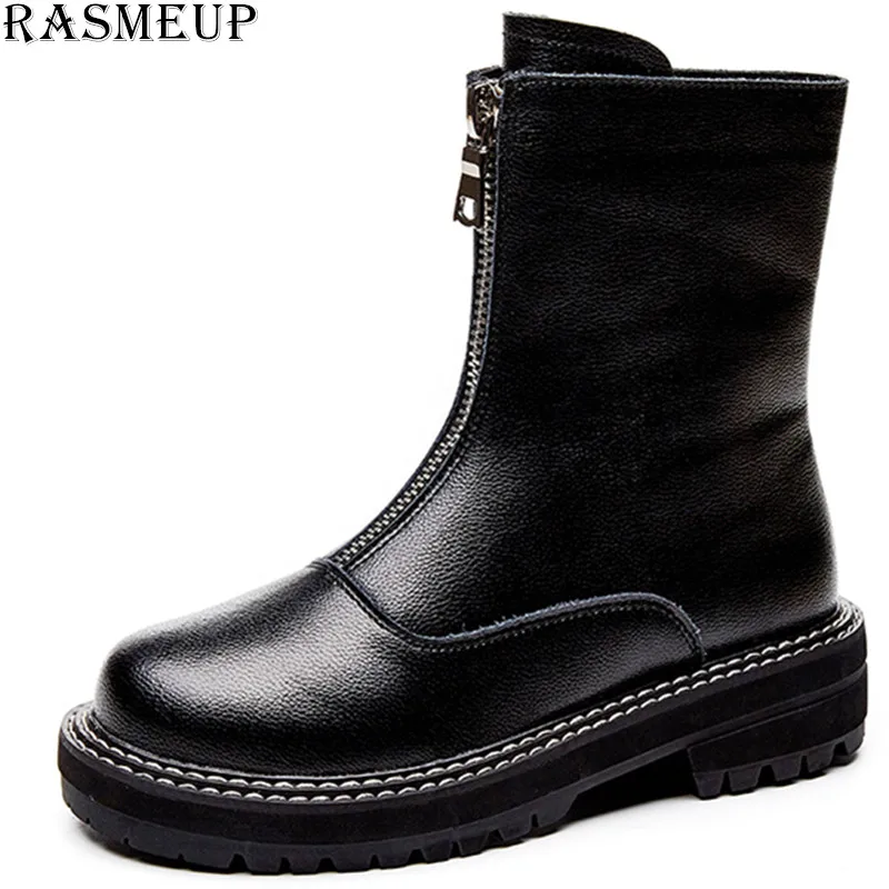 RASMEUP/женские ботинки на платформе из натуральной кожи с молнией спереди; коллекция года; зимние теплые модные женские ботильоны; женская обувь черного цвета