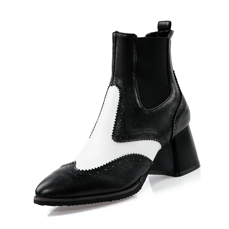 

B2-1 DF Size 32-48 Female PU Leather Patchwork Ankle Boots Ladies Winter Slip-on Boot Woman High Heels Shoes Women Fashion Shoe