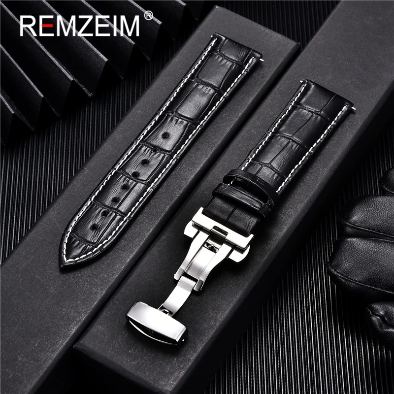 Embossed Genuine Leather Strap with Automatic Butterfly Buckle - Business Watchband