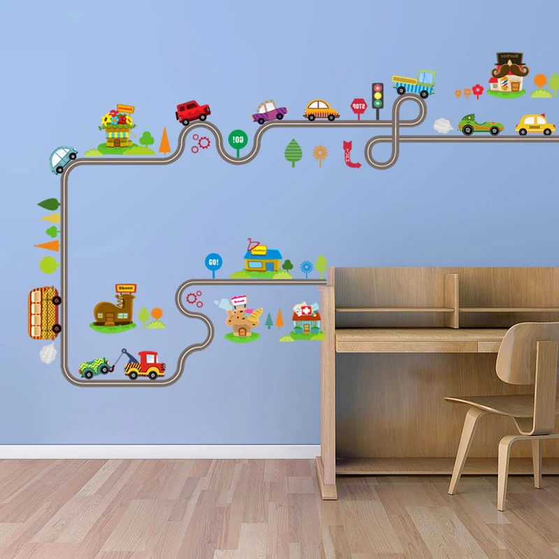 

Cartoon Environmental Protection Car Road Track Wall Sticker Children Bedroom Desk Background Decorative Art Sticker Poster