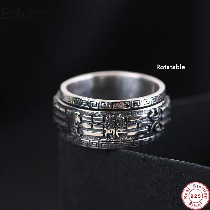 

Solid 925 Sterling Silver China Bagua Rotating Spinner Rings Men Gothic Punk Style Cool Thai Silver Jewelry Men Lucky Band Gifts