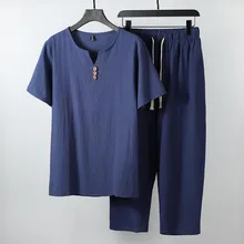 Large Linen Suit Men's Short Sleeve Summer Chinese Style Two-piece Cotton Linen T-shirt Coil Button Handsome Suit