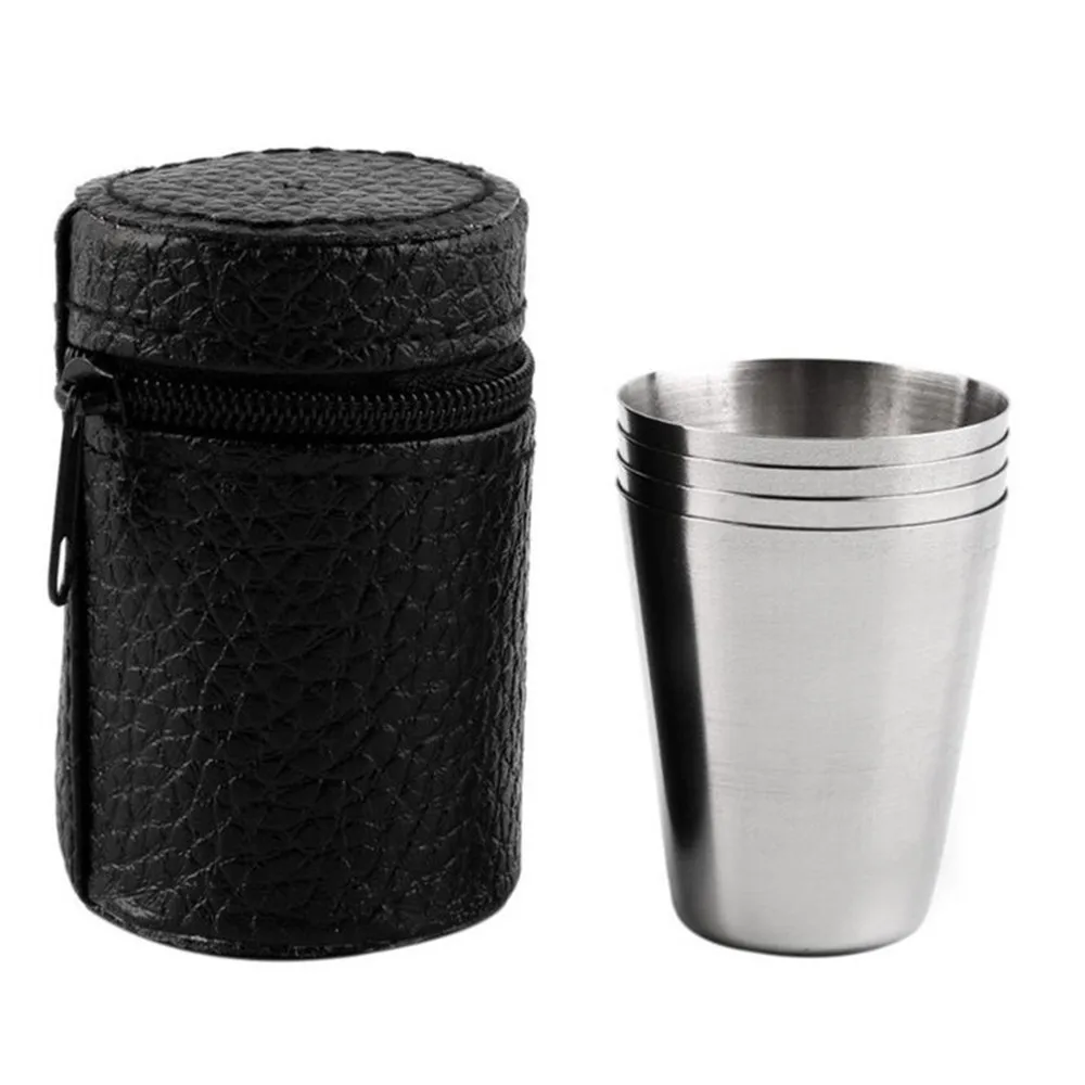 Set of 4 Polished Mini Stainless Steel Shot Glasses with Leather Cover Bag for Home, Kitchen, and Bar Use (30ml each)