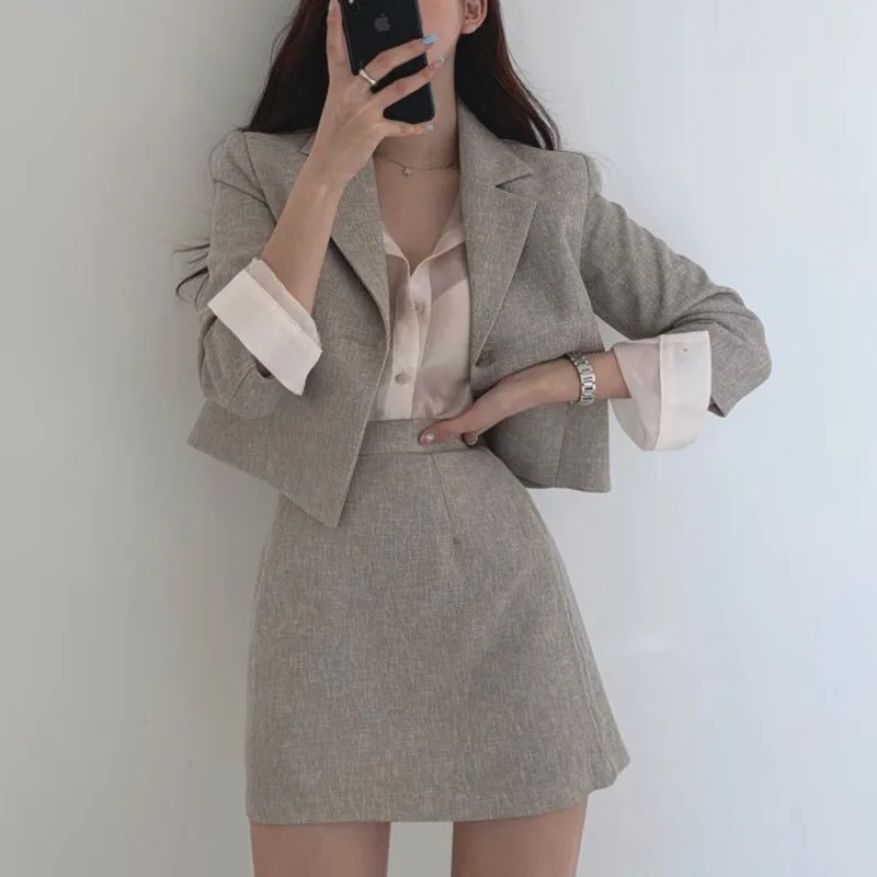 

Autumn Korean Style Two Piece Set Women Outfits Long Sleeve Short Coat + High Waist A-line Bodycon Mini Skirt Ladies Office Set
