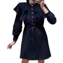 

Women Dress 2021 Autumn and Winter New Ruffled Navy Collar Slim Long-sleeved Belt Women's Dress
