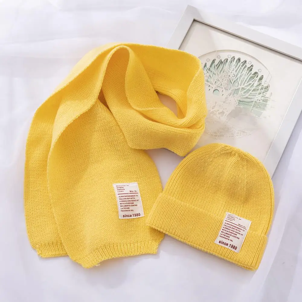 yellow Осень-зима, вязаный шерстяной детский шарф, шапка, комплект, толстый теплый детский шарф для девочки, шапка для мальчика - Цвет: yellow