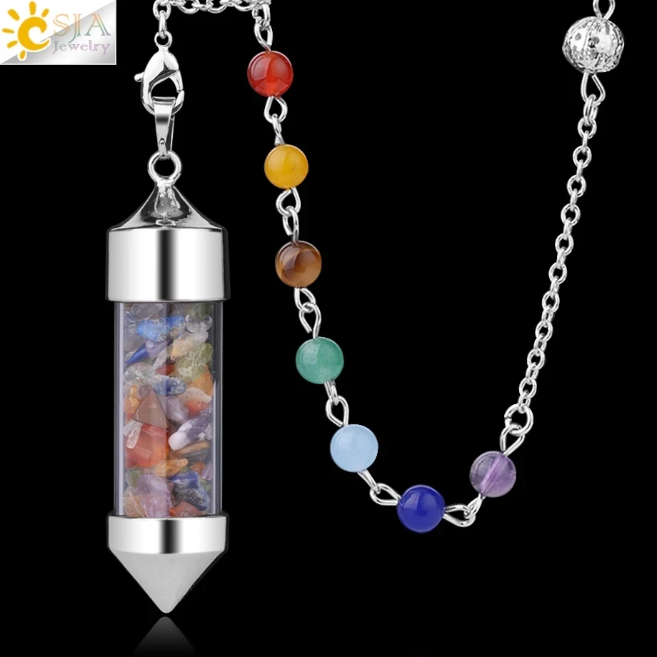 CSJA New Arrival 7 Chakra Wishing Bottle Pendulum Reiki Natural Chip Stone Pendant Necklace for Women Men Divination Amulet F976