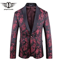 Синий бордовый Серебряный цветочный Мужской Блейзер осенний элегантный повседневный мужской блейзер Slim Fit 5XL сценический костюм Q742