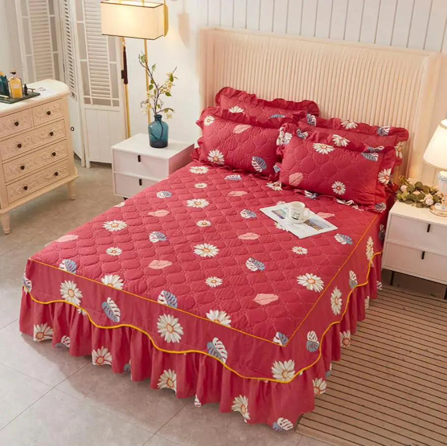 

Thicken Bed Skirt Quilted Cotton Blanket Textile Bedding Bedspread Winter Bed Sheet With Pillowcase Stain Resistant Bed F0379